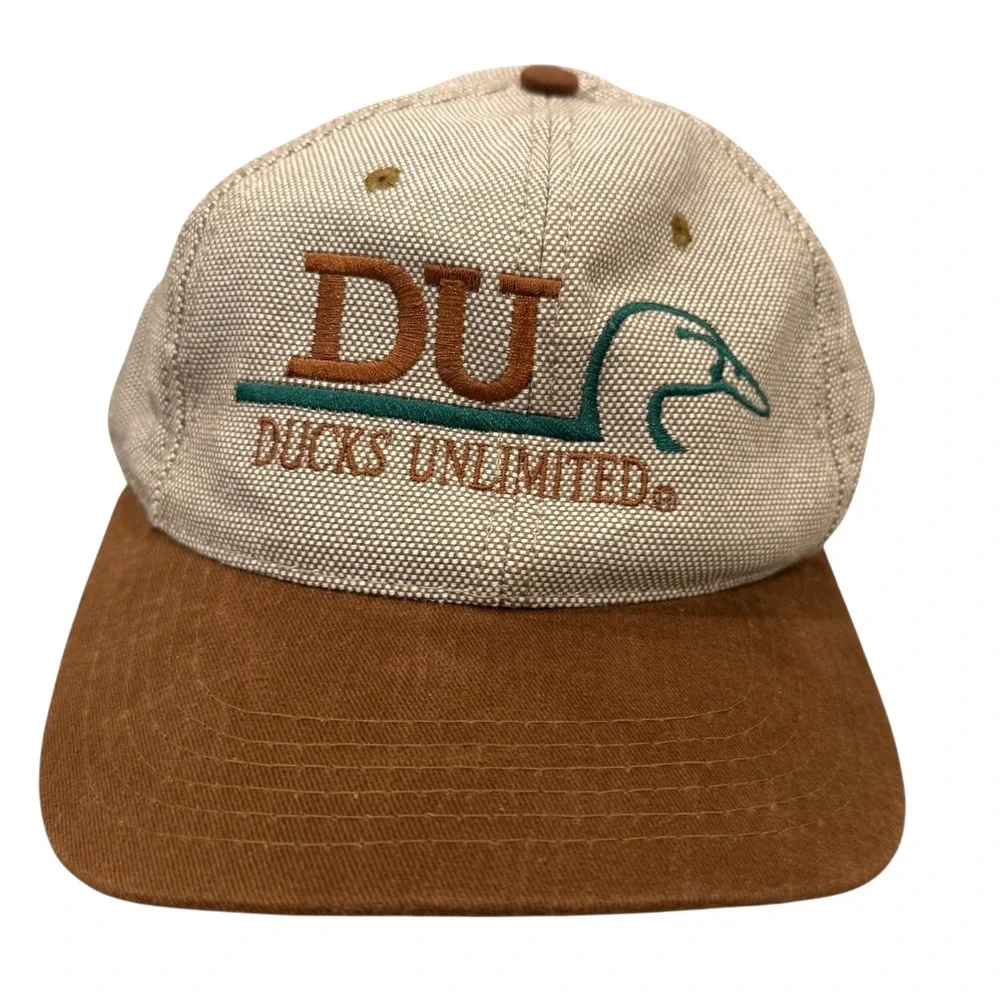 VTG Ducks Unlimited Hat Men Brown Tan Canvas Snapback USA Made Logo